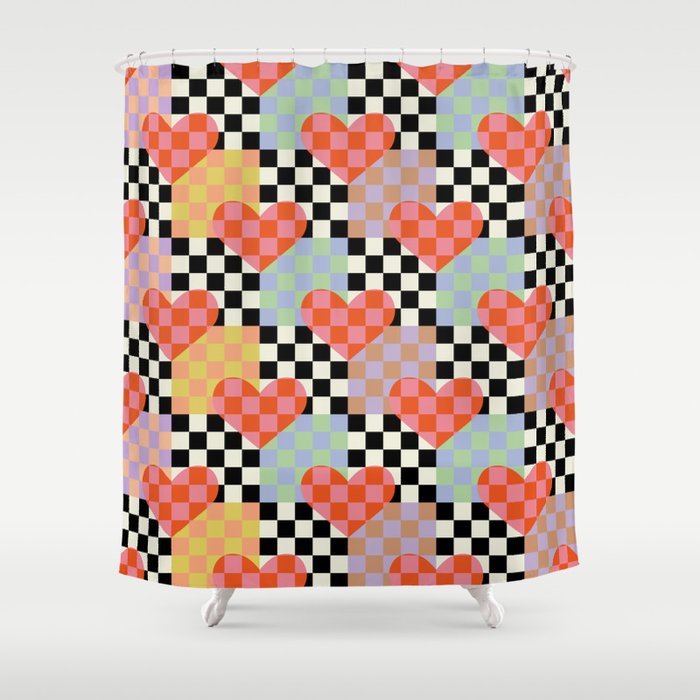 Retro love heart checkered pattern Shower Curtain Gallery Image 1