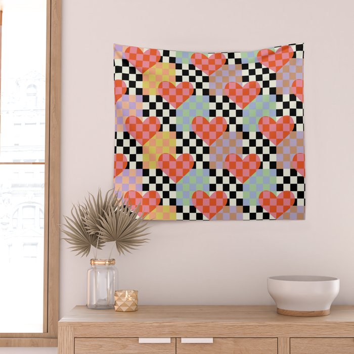 Retro love heart checkered pattern Wall Tapestry Gallery Image 2