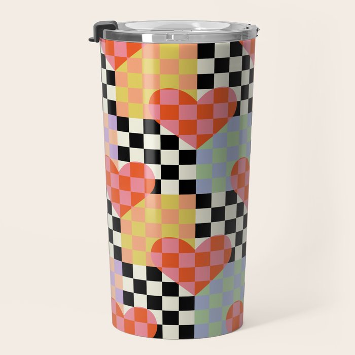 Retro love heart checkered pattern Travel Mug Gallery Image 3
