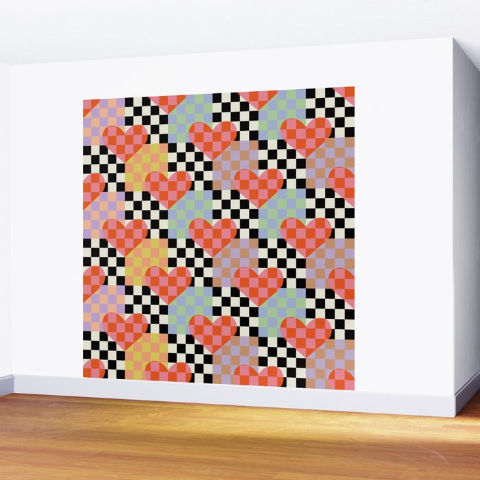 Retro love heart checkered pattern Wall Mural Gallery Image 2