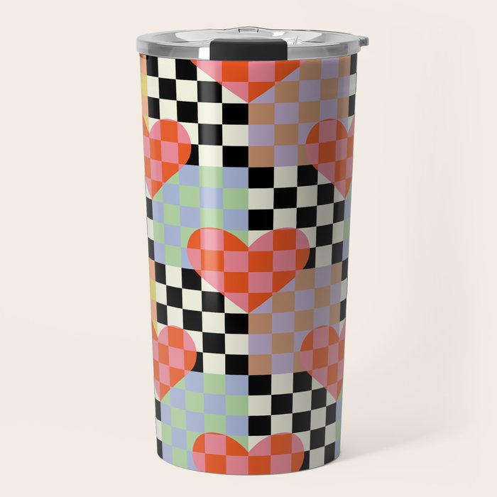 Retro love heart checkered pattern Travel Mug Gallery Image 1