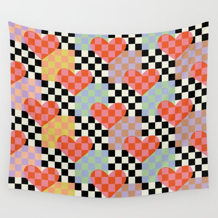 Retro love heart checkered pattern Wall Tapestry Gallery Image 1