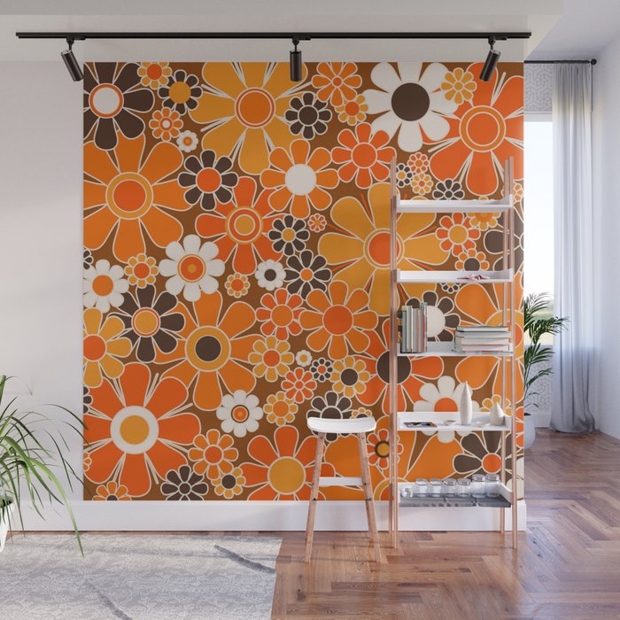 Retro Garden Flowers Groovy Floral Cheerful 60s 70s Pattern in 1970s Orange Brown Cream Beige Wall Mural Gallery Image 1