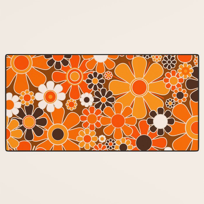 Retro Garden Flowers Groovy Floral Cheerful 60s 70s Pattern in 1970s Orange Brown Cream Beige Desk Mat Gallery Image 3