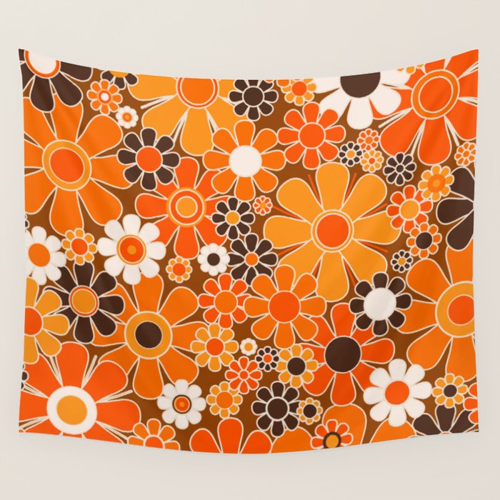 Retro Garden Flowers Groovy Floral Cheerful 60s 70s Pattern in 1970s Orange Brown Cream Beige Wall Tapestry Gallery Image 4