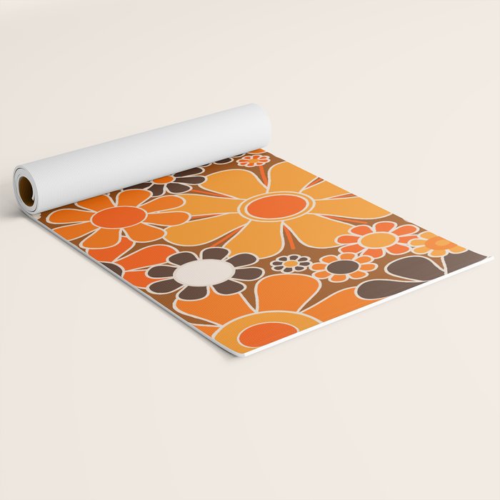 Retro Garden Flowers Groovy Floral Cheerful 60s 70s Pattern in 1970s Orange Brown Cream Beige Yoga Mat Gallery Image 2