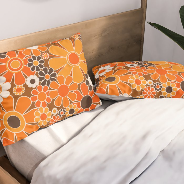 Retro Garden Flowers Groovy Floral Cheerful 60s 70s Pattern in 1970s Orange Brown Cream Beige Pillow Sham Gallery Image 2