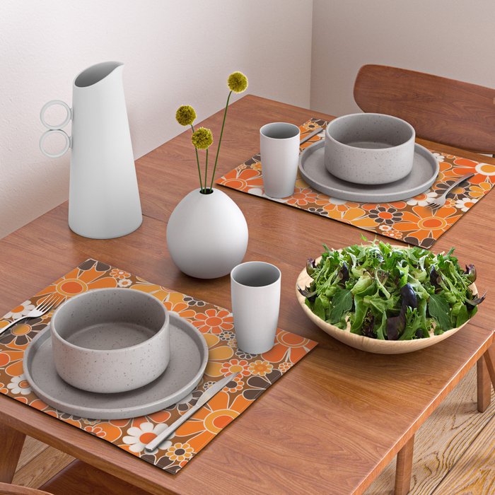 Retro Garden Flowers Groovy Floral Cheerful 60s 70s Pattern in 1970s Orange Brown Cream Beige Placemat Gallery Image 2