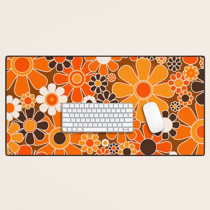 Retro Garden Flowers Groovy Floral Cheerful 60s 70s Pattern in 1970s Orange Brown Cream Beige Desk Mat Gallery Image 1