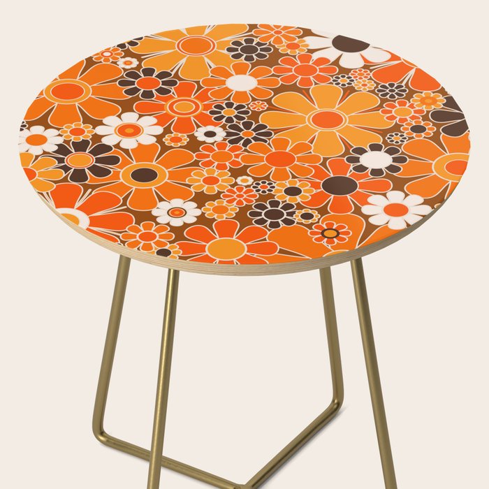 Retro Garden Flowers Groovy Floral Cheerful 60s 70s Pattern in 1970s Orange Brown Cream Beige Side Table Gallery Image 2