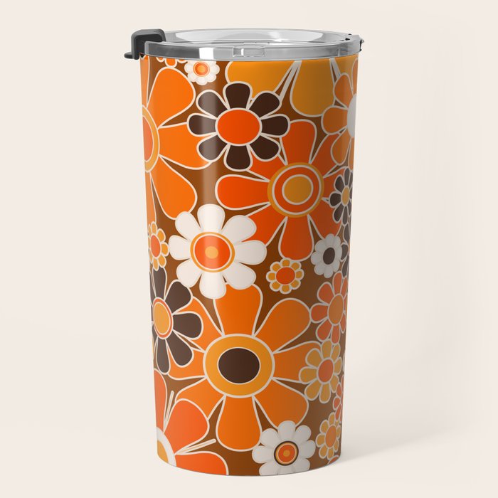 Retro Garden Flowers Groovy Floral Cheerful 60s 70s Pattern in 1970s Orange Brown Cream Beige Travel Mug Gallery Image 3