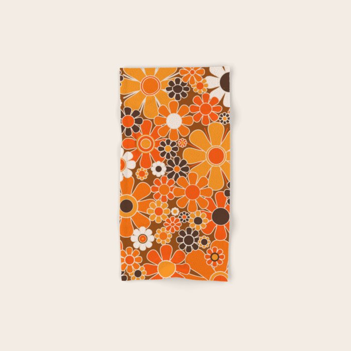 Retro Garden Flowers Groovy Floral Cheerful 60s 70s Pattern in 1970s Orange Brown Cream Beige Bath Towel Gallery Image 1