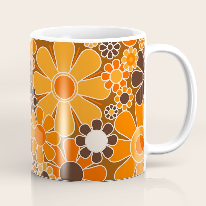 Retro Garden Flowers Groovy Floral Cheerful 60s 70s Pattern in 1970s Orange Brown Cream Beige Coffee Mug Gallery Image 1