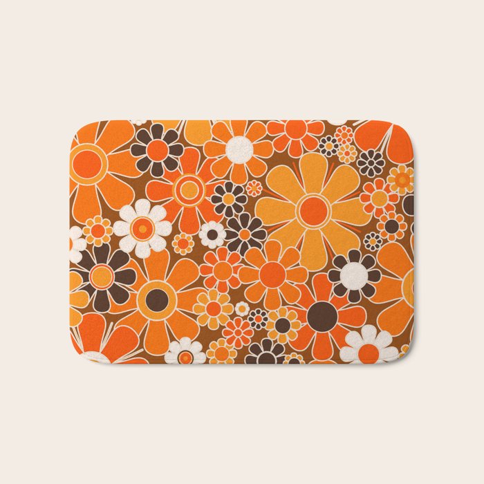 Retro Garden Flowers Groovy Floral Cheerful 60s 70s Pattern in 1970s Orange Brown Cream Beige Bath Mat Gallery Image 1