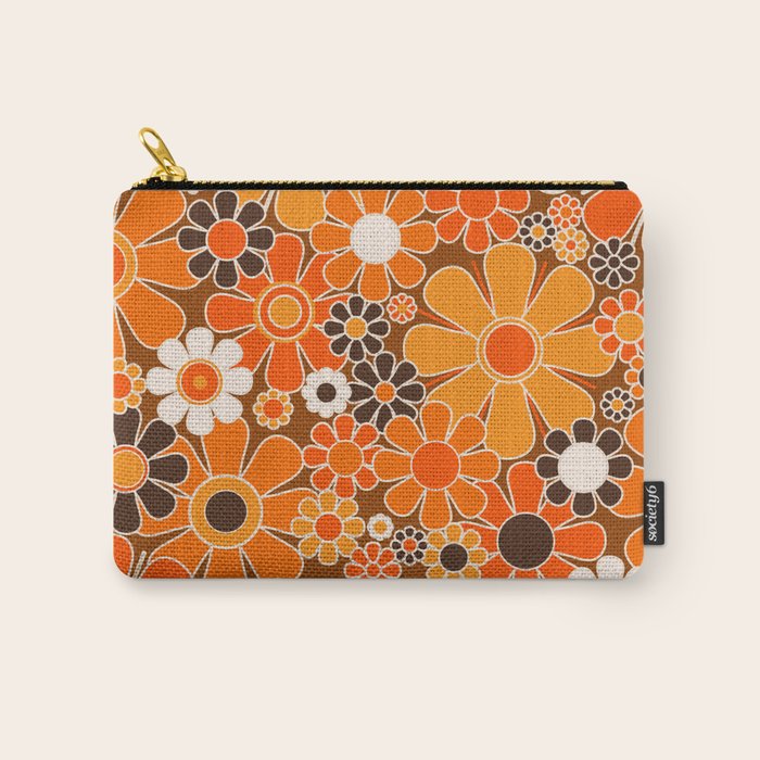 Retro Garden Flowers Groovy Floral Cheerful 60s 70s Pattern in 1970s Orange Brown Cream Beige Carry All Pouch Gallery Image 1