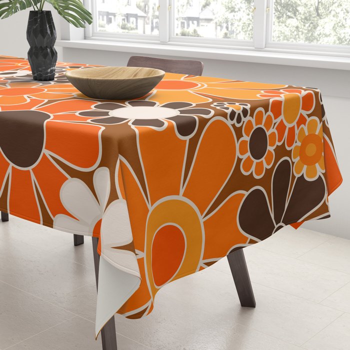 Retro Garden Flowers Groovy Floral Cheerful 60s 70s Pattern in 1970s Orange Brown Cream Beige Tablecloth Gallery Image 3