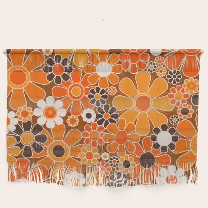 Retro Garden Flowers Groovy Floral Cheerful 60s 70s Pattern in 1970s Orange Brown Cream Beige Wall Hanging Gallery Image 1