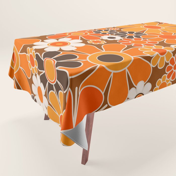 Retro Garden Flowers Groovy Floral Cheerful 60s 70s Pattern in 1970s Orange Brown Cream Beige Tablecloth Gallery Image 1