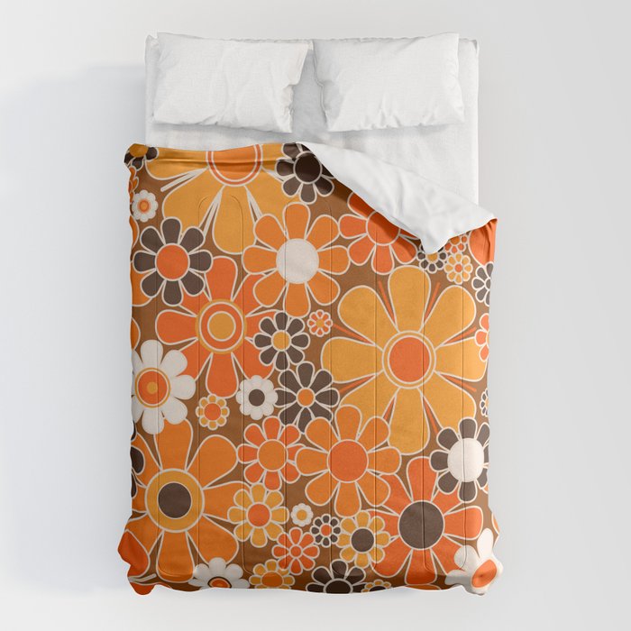 Retro Garden Flowers Groovy Floral Cheerful 60s 70s Pattern in 1970s Orange Brown Cream Beige Comforter Gallery Image 6