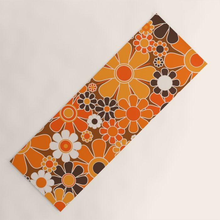 Retro Garden Flowers Groovy Floral Cheerful 60s 70s Pattern in 1970s Orange Brown Cream Beige Yoga Mat Gallery Image 1