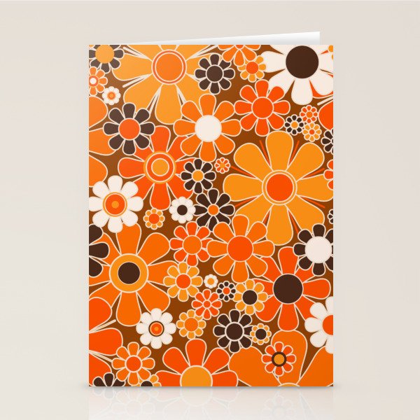 Retro Garden Flowers Groovy Floral Cheerful 60s 70s Pattern in 1970s Orange Brown Cream Beige Stationery Card Gallery Image 2