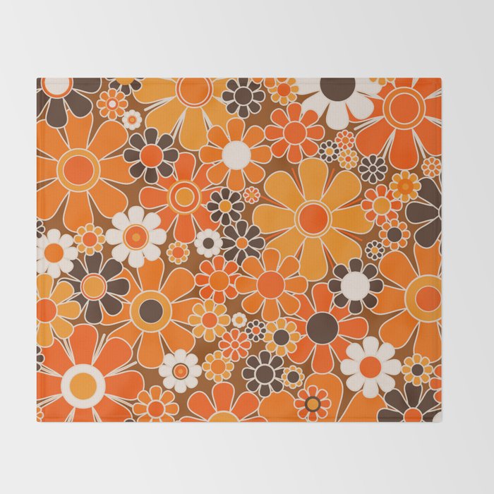 Retro Garden Flowers Groovy Floral Cheerful 60s 70s Pattern in 1970s Orange Brown Cream Beige Throw Blanket Gallery Image 2