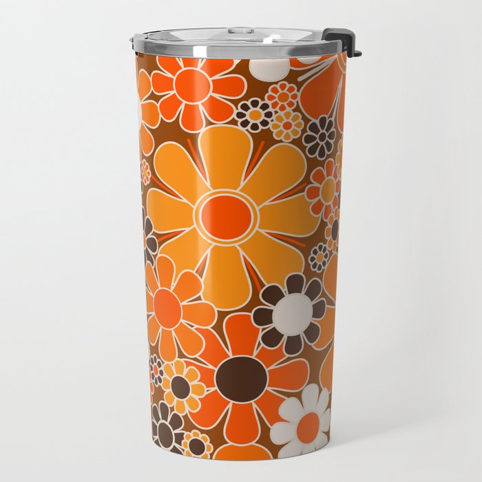 Retro Garden Flowers Groovy Floral Cheerful 60s 70s Pattern in 1970s Orange Brown Cream Beige Travel Mug Gallery Image 2