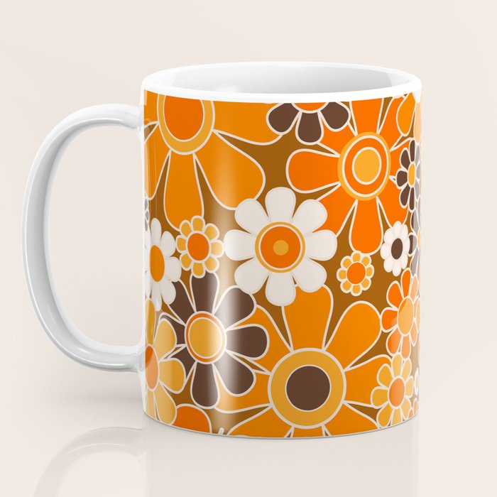 Retro Garden Flowers Groovy Floral Cheerful 60s 70s Pattern in 1970s Orange Brown Cream Beige Coffee Mug Gallery Image 3