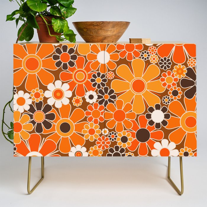 Retro Garden Flowers Groovy Floral Cheerful 60s 70s Pattern in 1970s Orange Brown Cream Beige Credenza Gallery Image 1