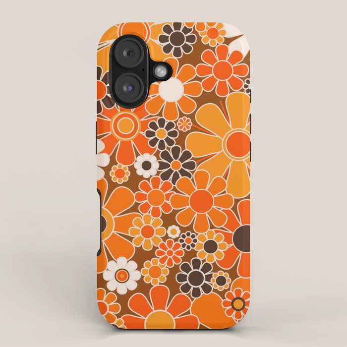 Retro Garden Flowers Groovy Floral Cheerful 60s 70s Pattern in 1970s Orange Brown Cream Beige iPhone Case Gallery Image 1