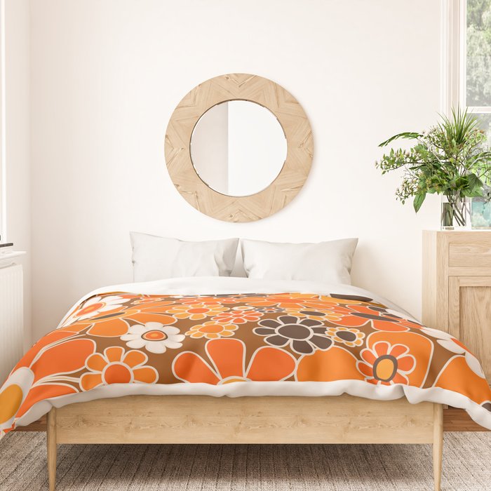 Retro Garden Flowers Groovy Floral Cheerful 60s 70s Pattern in 1970s Orange Brown Cream Beige Duvet Cover Gallery Image 3