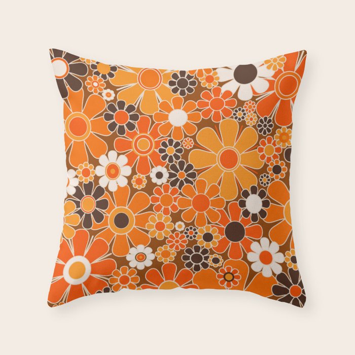 Retro Garden Flowers Groovy Floral Cheerful 60s 70s Pattern in 1970s Orange Brown Cream Beige Throw Pillow Gallery Image 6