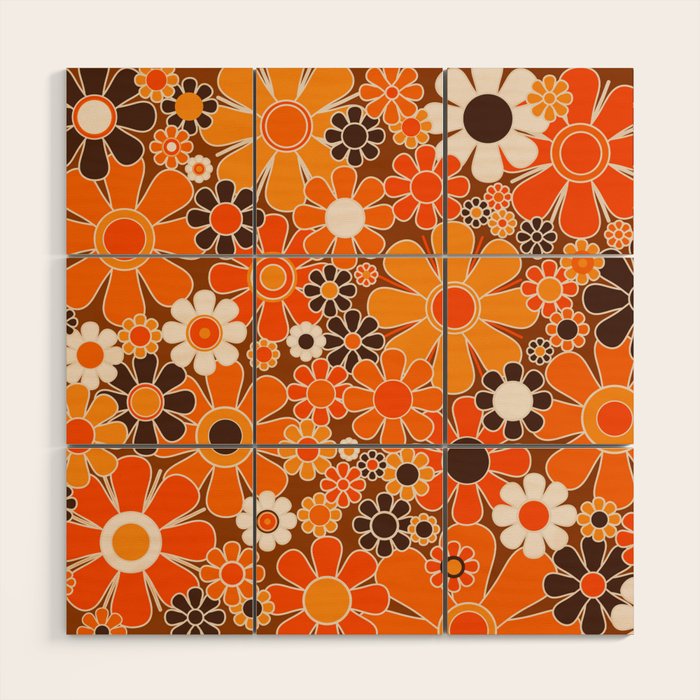 Retro Garden Flowers Groovy Floral Cheerful 60s 70s Pattern in 1970s Orange Brown Cream Beige Wood Wall Art Gallery Image 1