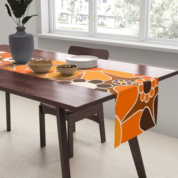 Retro Garden Flowers Groovy Floral Cheerful 60s 70s Pattern in 1970s Orange Brown Cream Beige Table Runner Gallery Image 2