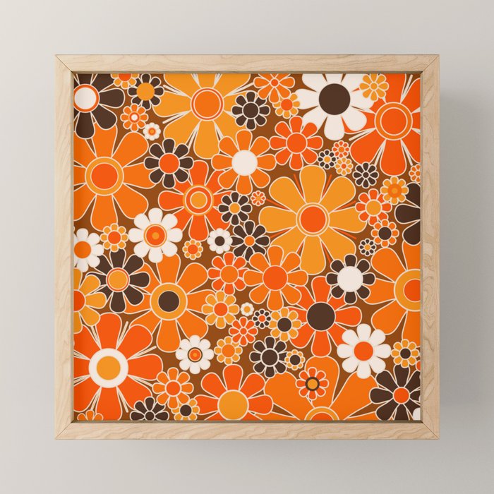 Retro Garden Flowers Groovy Floral Cheerful 60s 70s Pattern in 1970s Orange Brown Cream Beige Mini Art Print Gallery Image 1