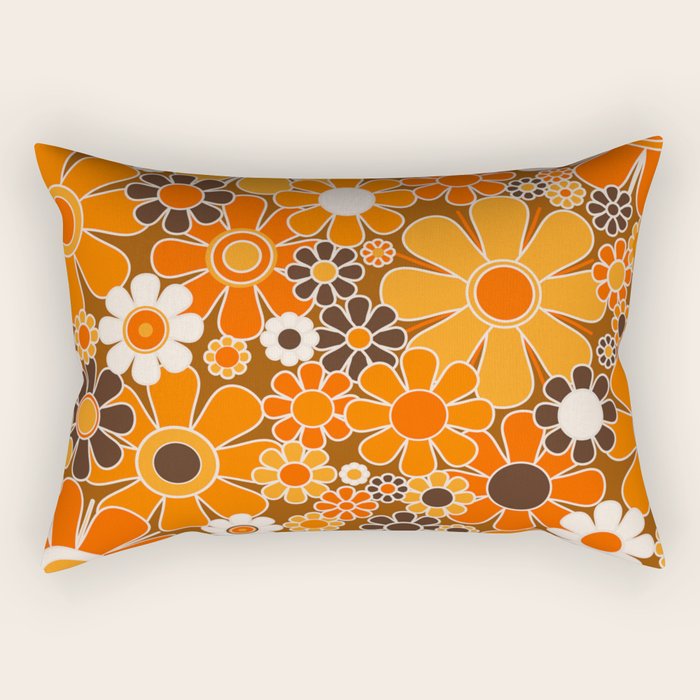 Retro Garden Flowers Groovy Floral Cheerful 60s 70s Pattern in 1970s Orange Brown Cream Beige Rectangular Pillow Gallery Image 1