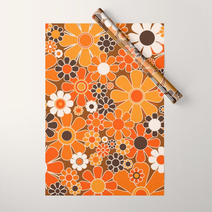 Retro Garden Flowers Groovy Floral Cheerful 60s 70s Pattern in 1970s Orange Brown Cream Beige Wrapping Paper Gallery Image 1