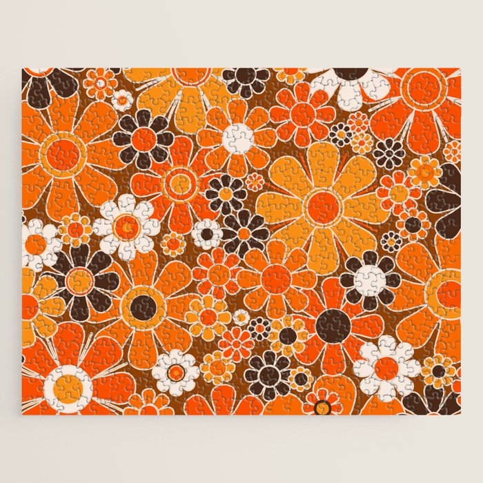 Retro Garden Flowers Groovy Floral Cheerful 60s 70s Pattern in 1970s Orange Brown Cream Beige Jigsaw Puzzle Gallery Image 1