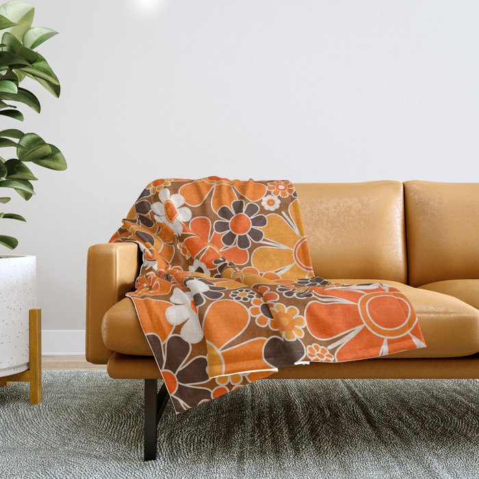 Retro Garden Flowers Groovy Floral Cheerful 60s 70s Pattern in 1970s Orange Brown Cream Beige Throw Blanket Gallery Image 1