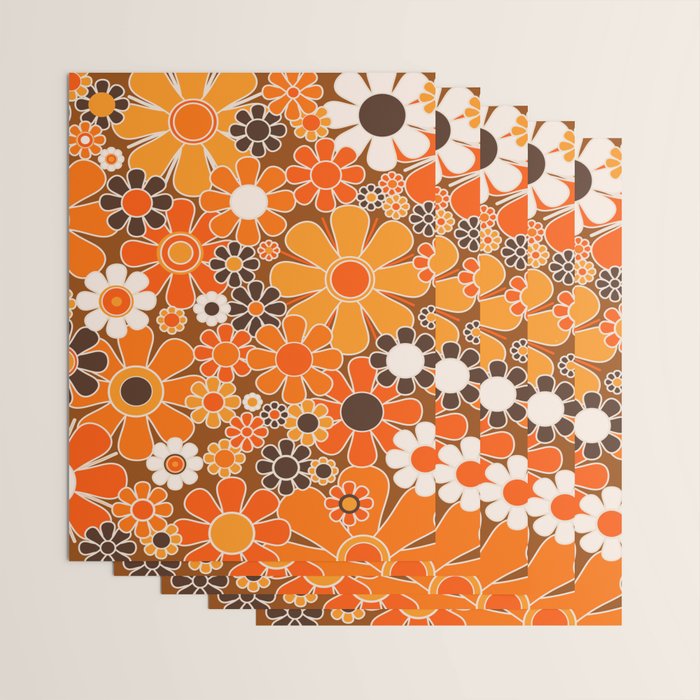 Retro Garden Flowers Groovy Floral Cheerful 60s 70s Pattern in 1970s Orange Brown Cream Beige Wrapping Paper Gallery Image 3