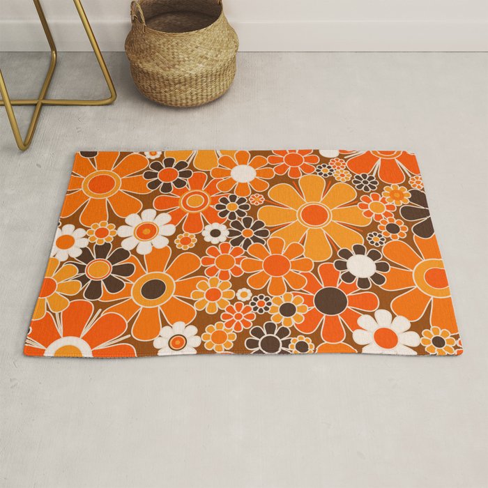 Retro Garden Flowers Groovy Floral Cheerful 60s 70s Pattern in 1970s Orange Brown Cream Beige Rug Gallery Image 1