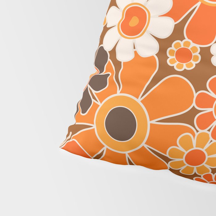Retro Garden Flowers Groovy Floral Cheerful 60s 70s Pattern in 1970s Orange Brown Cream Beige Pillow Sham Gallery Image 4