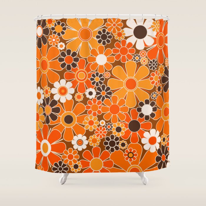 Retro Garden Flowers Groovy Floral Cheerful 60s 70s Pattern in 1970s Orange Brown Cream Beige Shower Curtain Gallery Image 1
