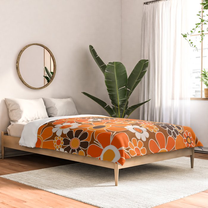 Retro Garden Flowers Groovy Floral Cheerful 60s 70s Pattern in 1970s Orange Brown Cream Beige Comforter Gallery Image 2