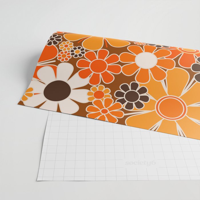 Retro Garden Flowers Groovy Floral Cheerful 60s 70s Pattern in 1970s Orange Brown Cream Beige Wrapping Paper Gallery Image 2