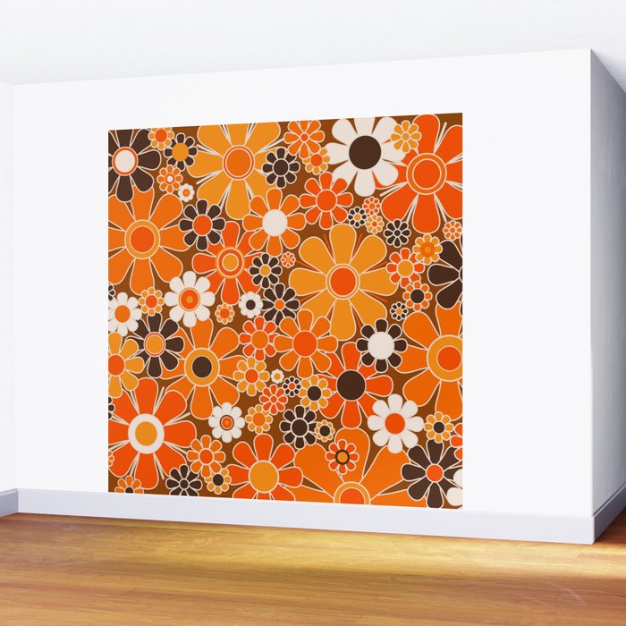 Retro Garden Flowers Groovy Floral Cheerful 60s 70s Pattern in 1970s Orange Brown Cream Beige Wall Mural Gallery Image 2