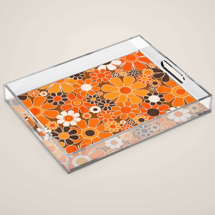 Retro Garden Flowers Groovy Floral Cheerful 60s 70s Pattern in 1970s Orange Brown Cream Beige Acrylic Tray Gallery Image 1