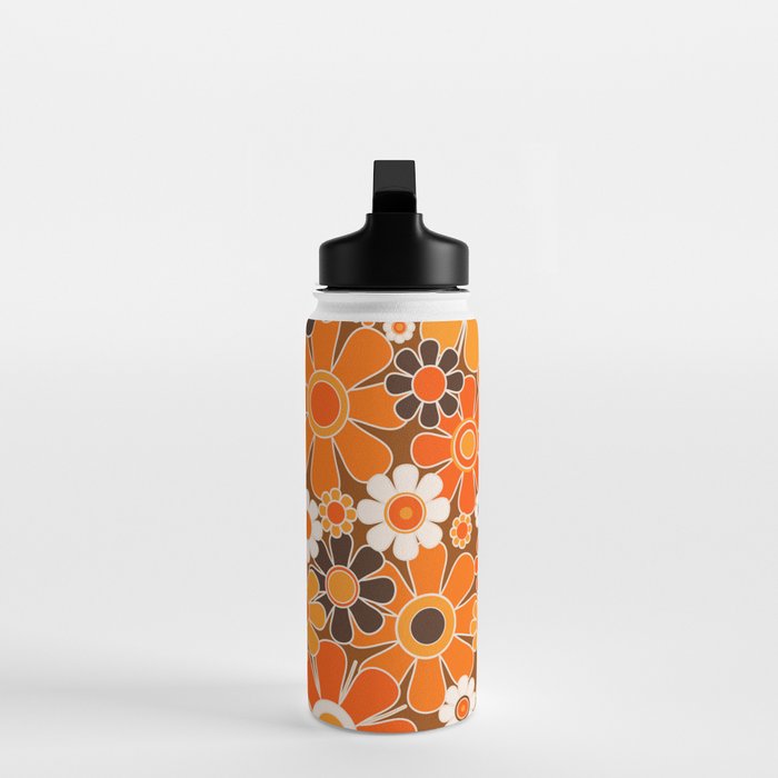Retro Garden Flowers Groovy Floral Cheerful 60s 70s Pattern in 1970s Orange Brown Cream Beige Water Bottle Gallery Image 3