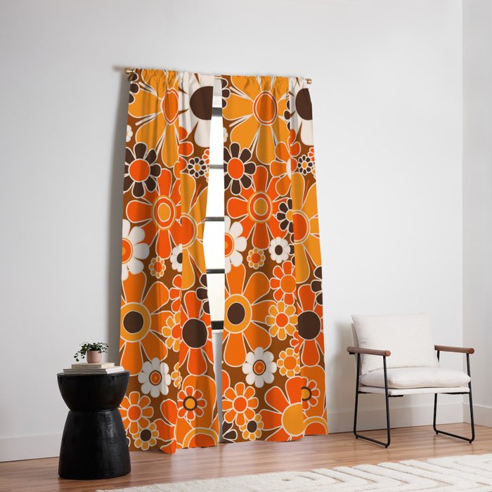 Retro Garden Flowers Groovy Floral Cheerful 60s 70s Pattern in 1970s Orange Brown Cream Beige Window Curtain Gallery Image 2