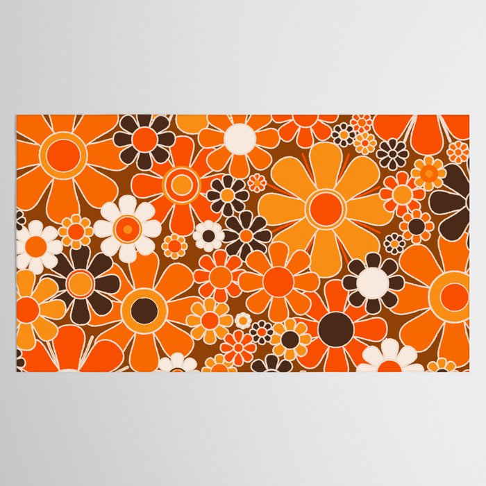 Retro Garden Flowers Groovy Floral Cheerful 60s 70s Pattern in 1970s Orange Brown Cream Beige Tablecloth Gallery Image 2